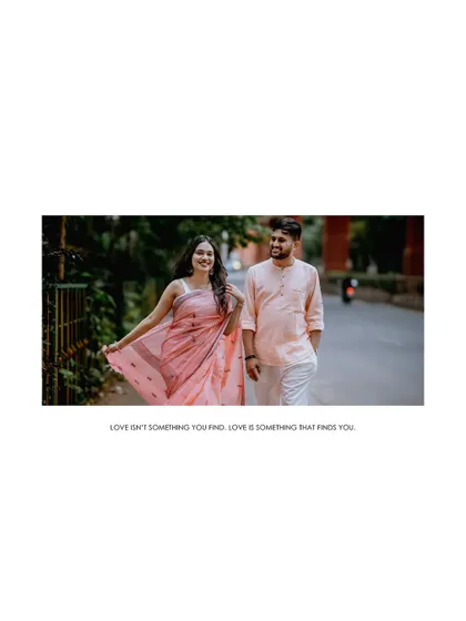 An album-style shot of the couple walking down a tree-lined street, with a quote about love finding you, perfectly matching the serendipitous feel.
