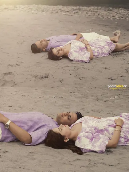 A diptych collage showing a couple lying on the sand, capturing a peaceful and intimate moment from two different angles.