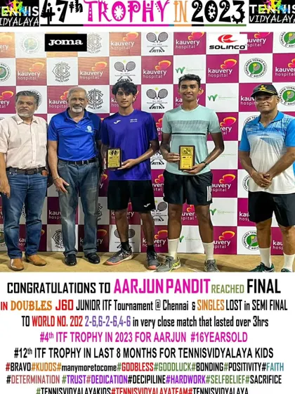 Reaching the doubles final at the J60 Junior ITF tournament in Chennai. Competing for titles week after week is key to building a strong player profile for college recruitment.