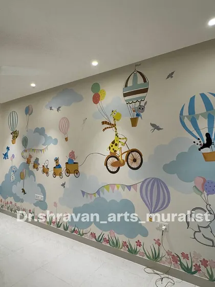 A whimsical cartoon-themed mural for a kids' bedroom. The wall is filled with cute animals on a train, hot air balloons, and fluffy clouds, creating a happy and playful environment.