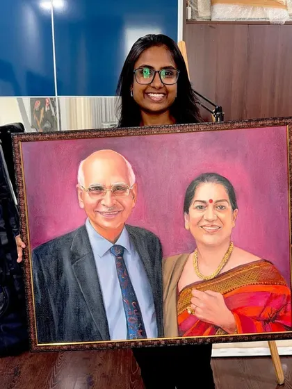 Here I am with a completed family portrait. It's an honor to be trusted with creating these important heirlooms for my clients.