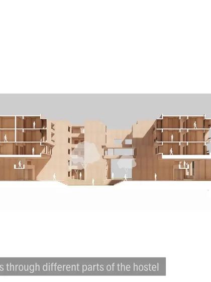 Sectional models of the IIM hostel, used to study the spatial quality of the corridors, breakout spaces, and connections to the central courtyard.