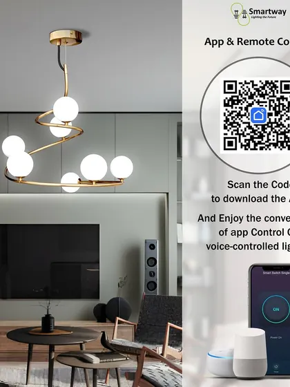 Many of our modern chandeliers, like this spiral globe design, can be controlled via a mobile app or voice assistant. The QR code makes it easy to download the app and enjoy the convenience.