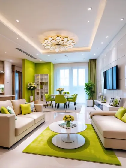 A bright and fresh living room design with lime green accents. The layout is open and airy, perfect for family gatherings.