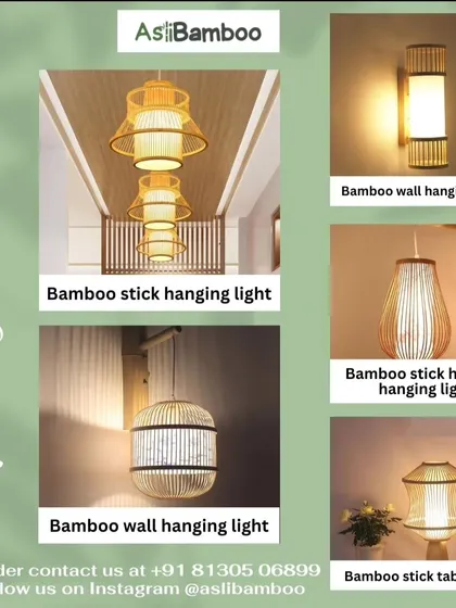 We are constantly adding to our collection with new designs. This graphic introduces a new range of bamboo stick hanging lights, wall lights, and table lamps, featuring clean lines and modern aesthetics.