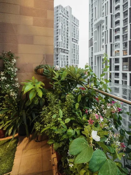 A balcony in a city duplex transformed into a green oasis, providing a tranquil escape from urban life.