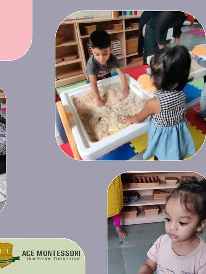 A collage showing different sensory play moments. Whether it's digging in sand or exploring Montessori materials, these activities are designed for purposeful play.