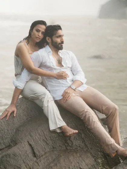 A raw and powerful portrait of Gokul and Vandana set against the churning waters of Athirappilly. This image from their vow renewal shoot feels intense and cinematic, reflecting a love that has weathered every storm.