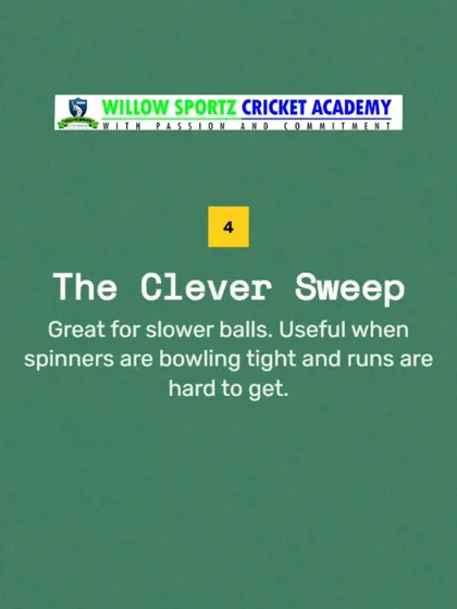 An infographic on the clever sweep shot, a useful tool against spin bowling. We teach players how to play smart cricket and find ways to score in any situation.