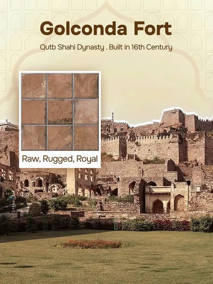 Inspired by Golconda Fort, this tile has a raw, rugged, and royal feel. Its weathered stone texture reflects the ancient, formidable walls of the 16th-century Qutb Shahi dynasty fortress.