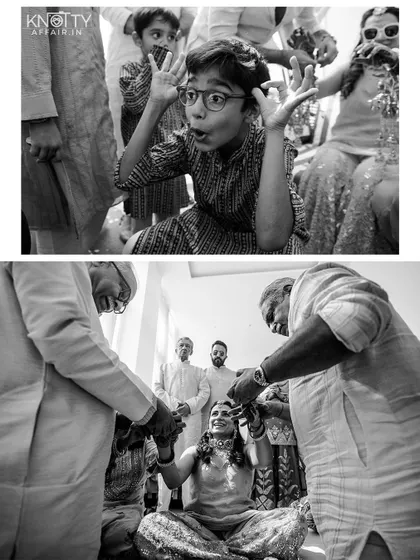 Candid black and white shots from the Haldi, focusing on a child's playful expression and the bride's happiness. These images capture pure, unfiltered moments.