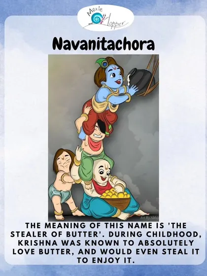 Exploring the many names of Krishna! This graphic about 'Navanitachora' or 'the stealer of butter' is part of a series we created for Janmashtami to share the playful Leelas of Krishna.