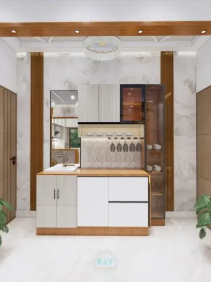 A 3D render of a home layout, showing a pooja unit gracefully integrated next to a modern crockery unit and kitchen entrance.
