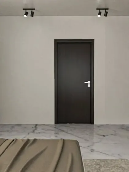A view of the bedroom concept, showing the placement of wardrobes and doors.