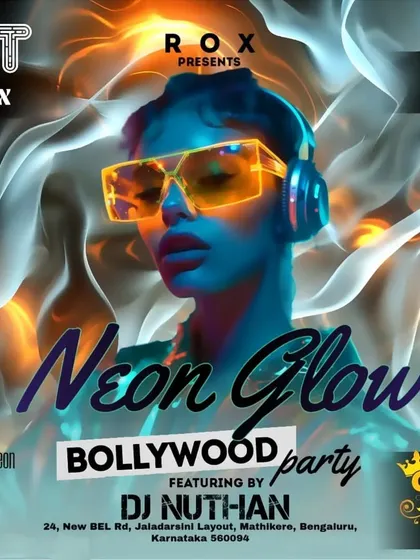 A flyer for a Friday night Neon Glow Bollywood party, a perfect way to kickstart the weekend with high-energy music and stunning visuals.