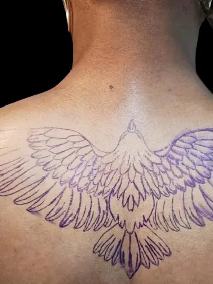 The stencil for the eagle back piece. A precise and clear stencil is the crucial first step for a perfect tattoo.