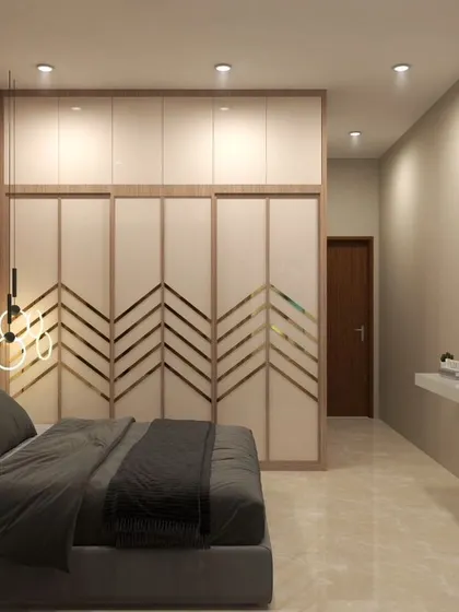 A 3D render of the master bedroom wardrobe in 'Muditā', showing the proposed design with gold T-patti inlay.