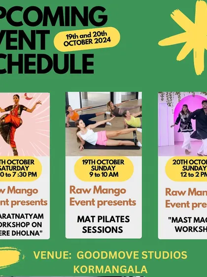 Our weekend event schedule, featuring a Bharatanatyam workshop on "Mere Dholna". We offer a variety of classes, including classical forms, to cater to different interests.