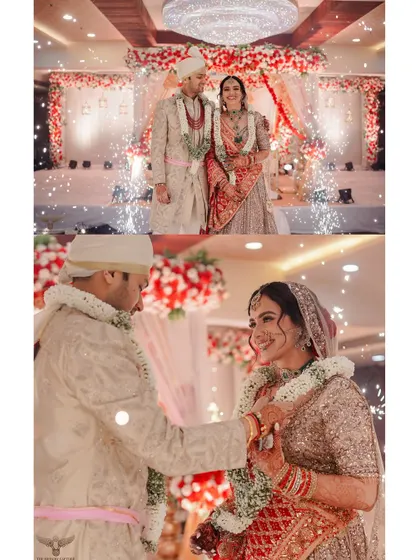 A collage of key ceremony moments. It shows the couple on stage and a close-up of the groom placing the ring on the bride's finger, capturing both the grand and the intimate.