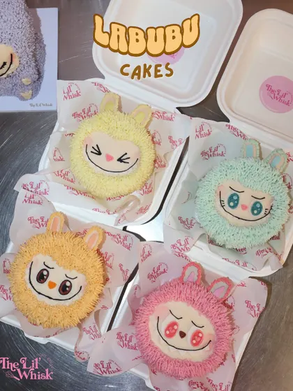Our super cute Labubu character cakes are available in a set of four. Each one has a different cheeky expression and color, making them a fun and trendy gift for fans of the popular characters.