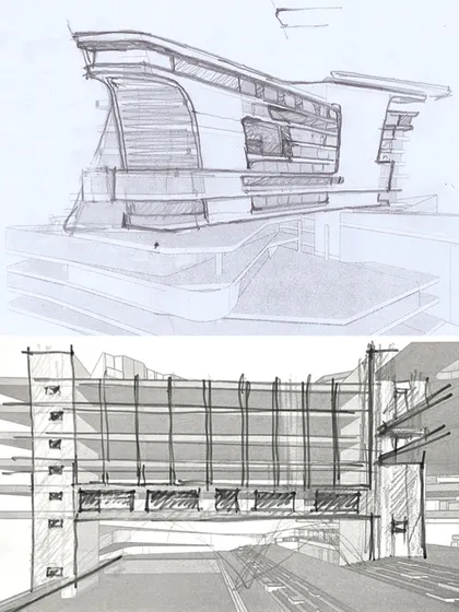 Initial hand sketches exploring the form and structure of the hotel.