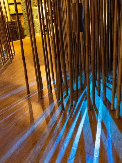 Light and shadow play within the bamboo forest of our 'Edge of the Forest' installation. The blue light filtering through the poles creates long, dramatic shadows, enhancing the evocative, healing atmosphere of the space.