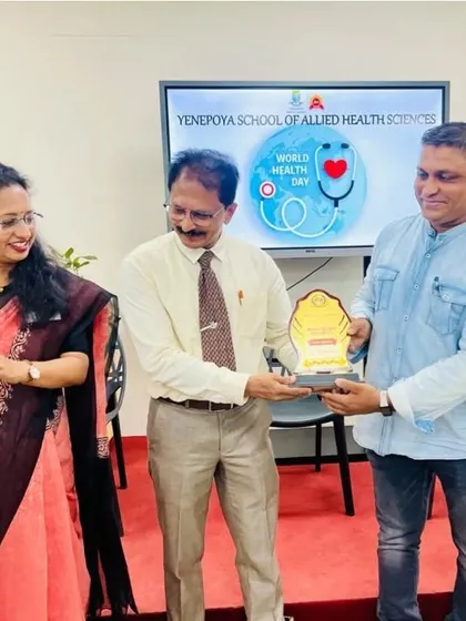Receiving an award on World Health Day from the Yenepoya School of Allied Health Sciences. I am grateful for the recognition and the opportunity to contribute to the health and wellness of the community.