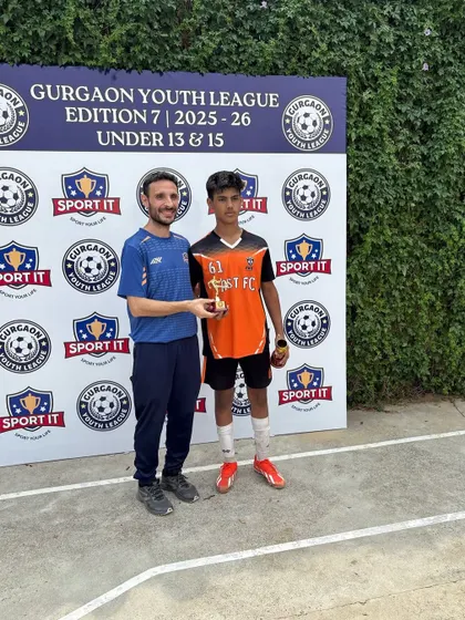 Rajveer Singh receiving the Best Striker award for his outstanding performance in the U13 Gurgaon Youth League.