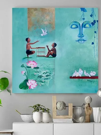This acrylic painting on canvas explores themes of freedom, peace, and introspection. The serene Buddha face, the children, and the lotus flowers come together to tell a story about finding tranquility within.