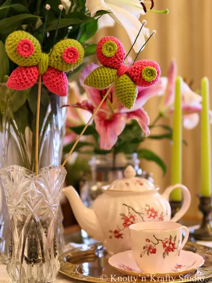 I call these my Happy Butterflies because their purpose is to add a little joy to your space. Here they are in a tea time setting, doing just that.