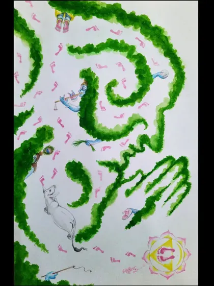 Titled "MARGA," this painting is an impression from Vrindavan, inspired by the Gopala Vimshati. It depicts the maze of the inner Vrindavan, where the bewildered self, like a calf, follows the footsteps of the divine trickster, searching for its master.