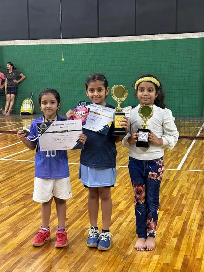 Our young champions from the Badminton Carnivals Junior Tournament, with Aadhya securing first place.