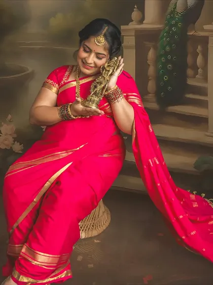 A tender moment with a Krishna idol, adding a spiritual and personal element to this painting-style maternity portrait. The details in the saree and backdrop are just beautiful.