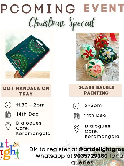 Our Christmas special art workshops are a festive treat. This flyer gives a glimpse into the dot mandala and glass bauble painting sessions we host during the holiday season.