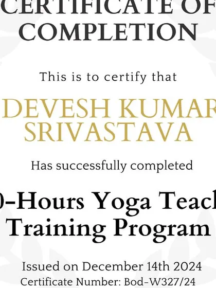 My certificate for completing a 300-hour Yoga Teacher Training Program, making me an RYS 500-hour certified instructor.