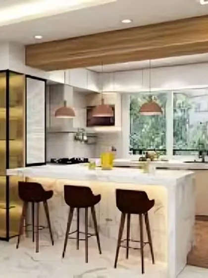 A repeat of image 74, showing a marble island kitchen.