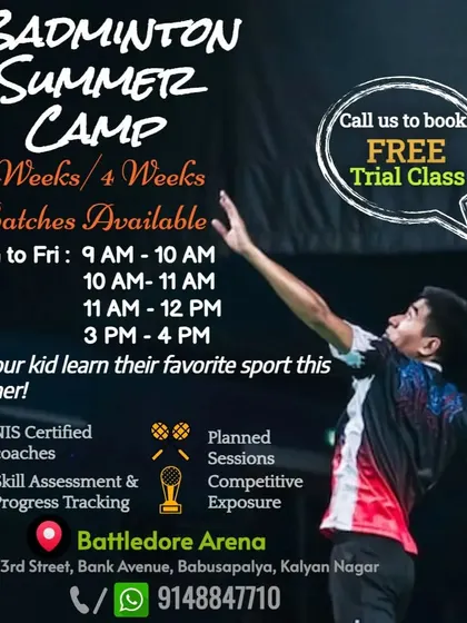 Join us for our Badminton Summer Camp. It's a great opportunity for kids to learn the sport, improve their skills, and have fun in a structured environment. We offer a free trial class to get started.