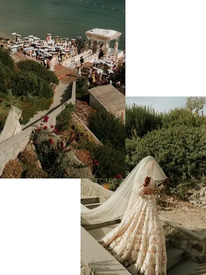 A collage showing the bride's descent to the cliffside wedding ceremony. This highlights the dramatic and unique settings we can work with for destination events, creating an unforgettable experience for both the couple and their guests.