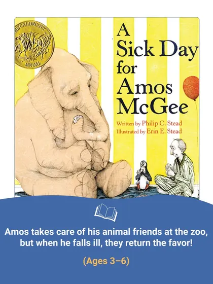 "A Sick Day for Amos McGee" is a gentle tale of reciprocity. When Amos the zookeeper gets sick, his animal friends return the favor and take care of him, teaching a sweet lesson about friendship.