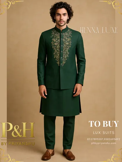 A portrait of the model wearing the dark green embroidered jacket set, exuding confidence and style.