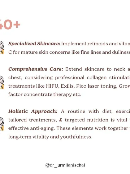 For those over 40, skincare should focus on mature skin concerns like fine lines and dullness. I recommend implementing retinoids and vitamin C, and considering professional collagen-stimulating treatments like HIFU or Pico laser toning.