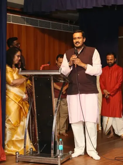 Honoring our graduating students is a cornerstone of our anniversary celebrations. Here, one of our esteemed guests, Dr. Vinayachandra Banamathy, addresses the new teachers and the community.