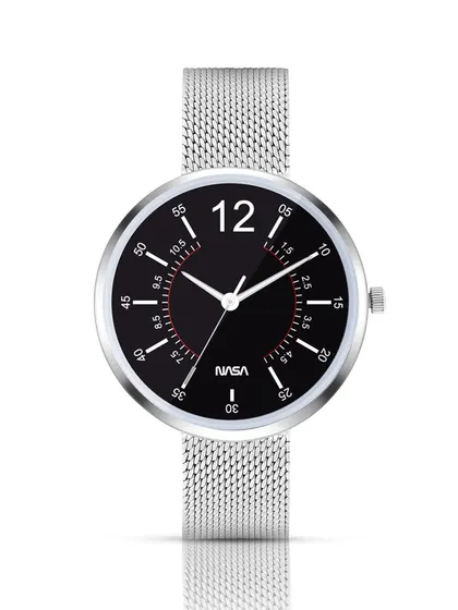A front-on shot of a modern wristwatch with a mesh strap, perfectly centered and edited for a clean e-commerce listing.