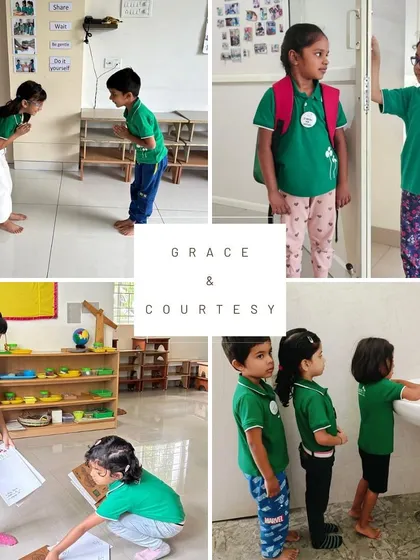 Grace and courtesy are woven into our daily life. We teach children to greet with a namaste, help a friend, wait their turn, and hold the door open, nurturing respect and kindness in every moment.