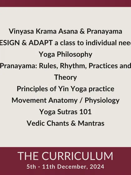 A look at the curriculum. We cover Vinyasa Krama, Pranayama theory, Yin Yoga principles, Yoga Sutras, Vedic chants, and much more, ensuring a well-rounded education.