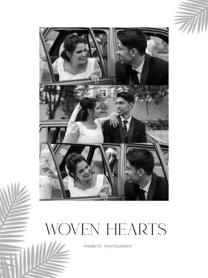 A creative black and white collage capturing the couple's playful moments in a vintage car.
