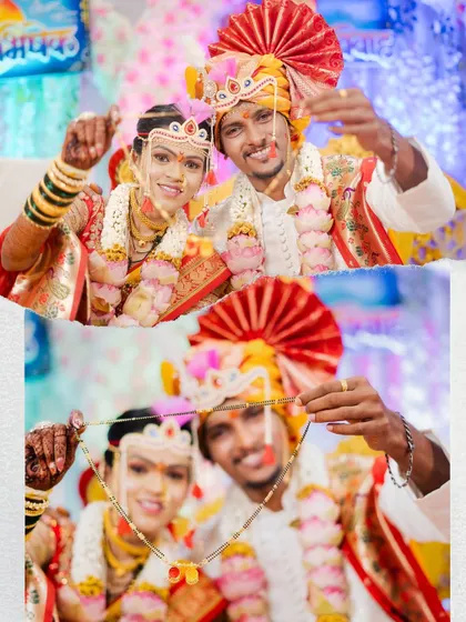 The couple proudly displaying the 'mangalsutra', a sacred symbol of their marriage, a key moment in any Maharashtrian wedding.