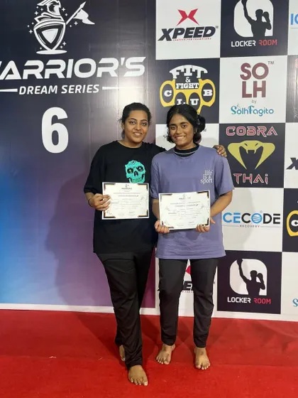 Our female fighters, Rakshitha and Saadhya, after their debut fights. Making weight and stepping onto the mat for the first time takes immense courage, and we are proud of them.