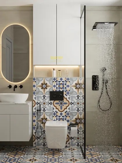 A 3D render of a bathroom with a Moroccan-inspired design. The design features intricate floral tiles on the floor and accent wall, combined with a modern wall-mounted WC and a sleek glass shower partition.