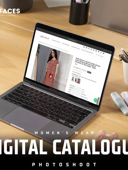 A laptop screen showing a women's wear product page, illustrating how our catalogue shoots translate into a clean online shopping experience.